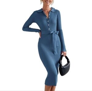 Women‎ V Neck Long Sleeve Bodycon Sweater Dress Button Up Tie Waist Ribbed Knit